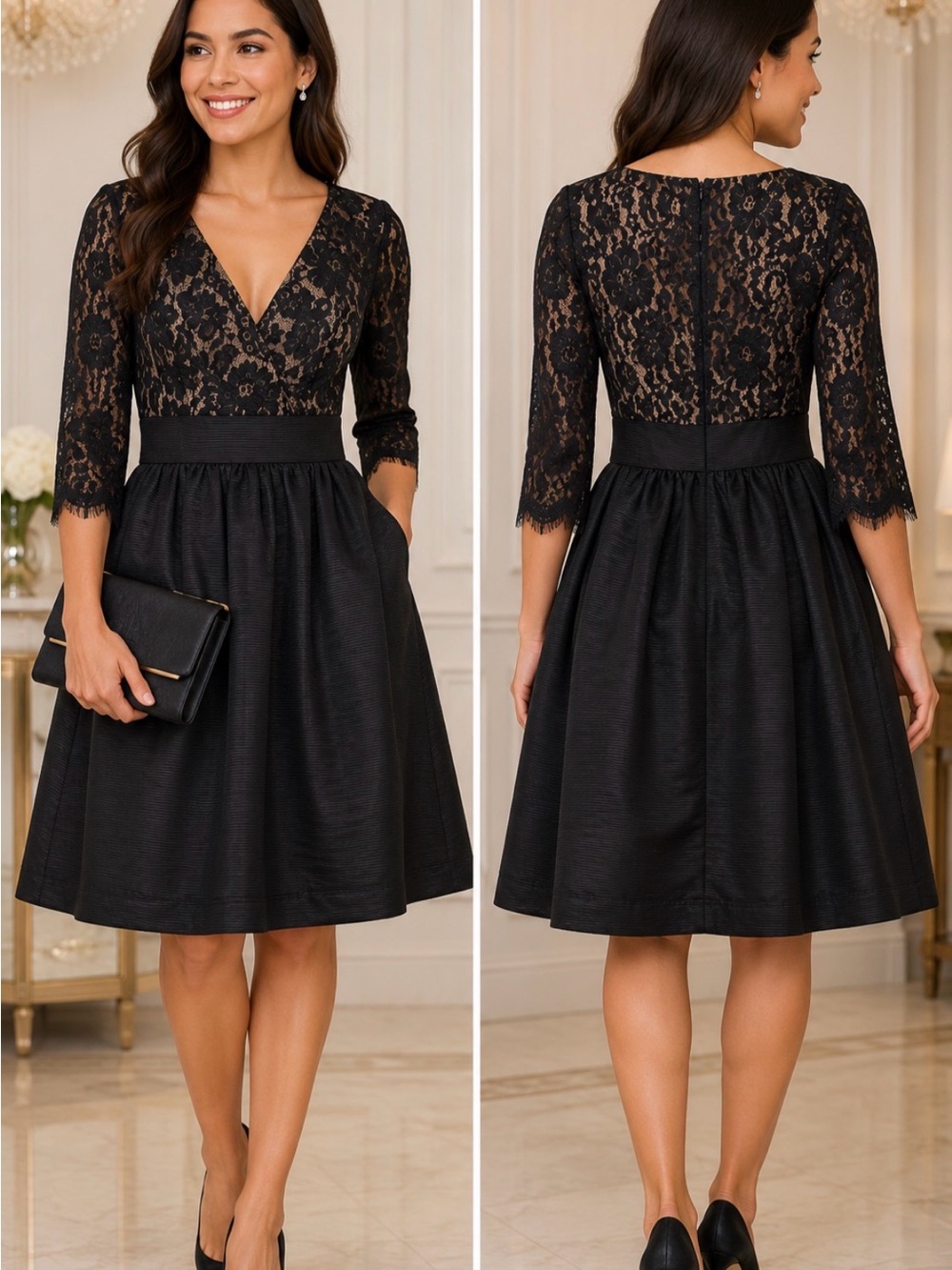 Eliza J Black Lace Fit & Flare Cocktail Dress Size 4 | 3/4 Sleeve V-Neck Party